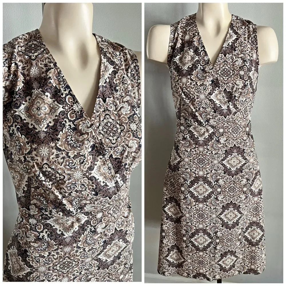 Croft & Barrow Brown Medallion Print Stretch Cotton Sleeveless Dress M-L